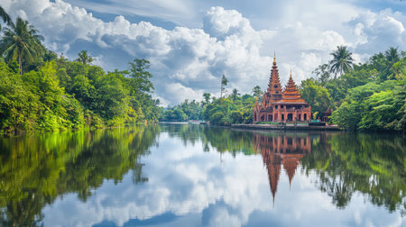 Reflection of a Thai temple in a calm river, surrounded by trees and a cloudy skyの素材