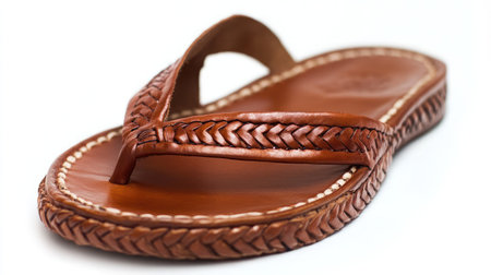 Close-up of detailed stitching on handmade leather sandals against a white backgroundの素材