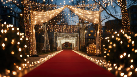 Red carpet beneath a canopy of twinkling fairy lights and decorative drapesの素材