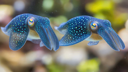 A pair of cuttlefish hover in midwater, their colors shifting as they communicateの素材