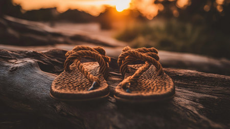 A pair of rope-strap sandals displayed on a driftwood log under warm lightingの素材