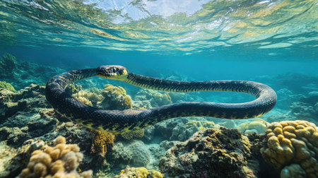 A pair of sea snakes swim in parallel through a reef passの素材
