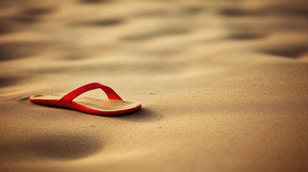 A single red sandal half-buried in warm beach sand under soft golden sunlightの素材