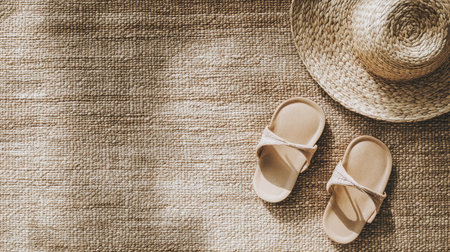 A top-down view of woven sandals on a jute rug, surrounded by minimalist boho accessoriesの素材