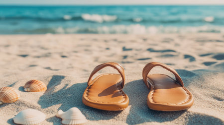 A pair of tan leather sandals neatly placed on a sandy beach with seashells and waves in the backgroundの素材