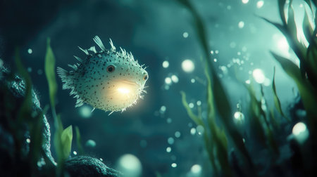 A pufferfish expands slightly while floating above seaweed patchesの素材