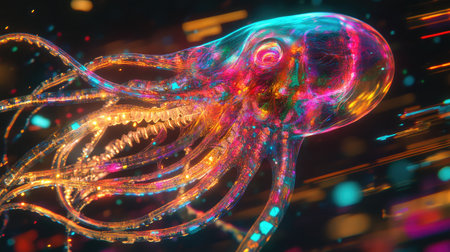 A translucent squid pulses through the water with bioluminescent trailsの素材