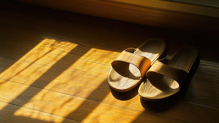 Classic brown sandals on a wooden floor with soft indoor lighting and shadow playの素材