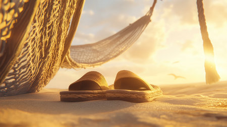 Sandals peeking out from beneath a hammock on a sunny beach afternoonの素材