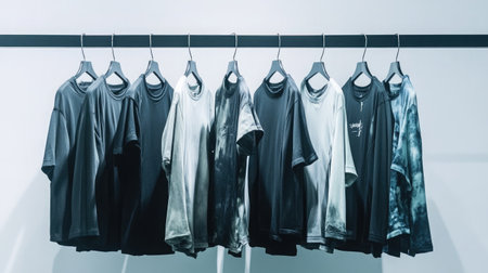 Hanging display of several bodysuits in gradient tones on a sleek minimalist rackの素材
