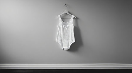 Seamless bodysuit stretched on a hanger, photographed in front of a plain wallの素材