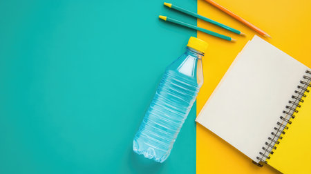 Unmarked plastic water bottle sitting on a neutral desk next to a blank notebookの素材