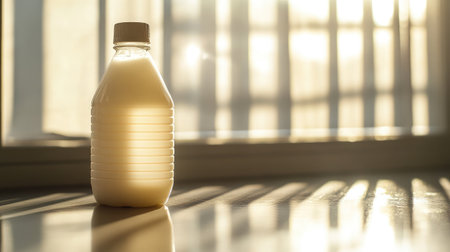 White squeeze bottle on reflective surface with moody backlight and clean shadowsの素材