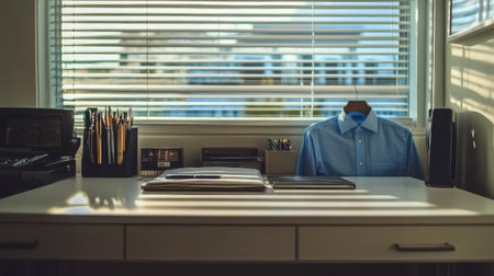 Tidy white desk with clean lines and a pressed shirt nearby ready for the next workdayの素材