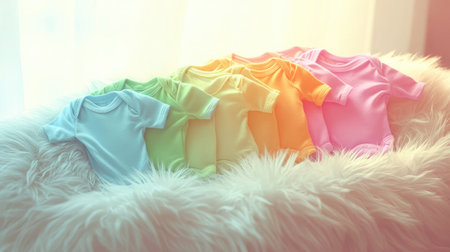 Multiple baby bodysuits arranged in color order over a fluffy blanketの素材