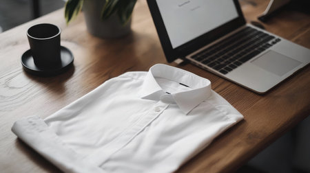 Collared white shirt folded neatly next to a sleek desk setup with black and white aestheticsの素材
