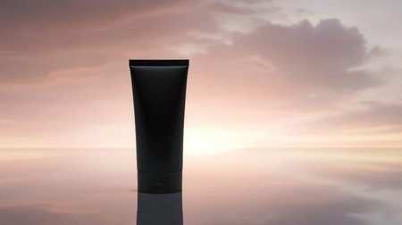 Unbranded black tube of skincare cream on a reflective surface with soft lighting for a clean commercial lookの素材