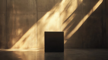 Simple matte packaging standing upright on concrete floor with clean modern lightingの素材