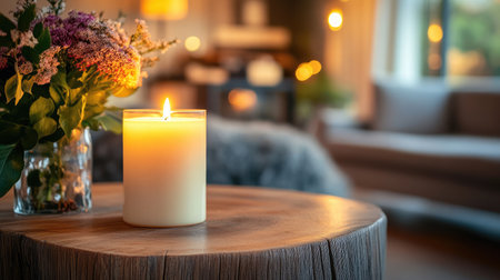 White cylindrical candle in a glass jar on a wooden side table, minimalist settingの素材
