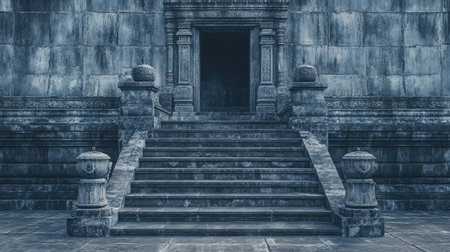 Ornamental stone urns and sculptures placed along the temple steps in symmetrical arrangementの素材