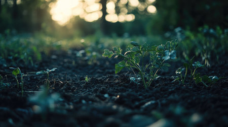 Organic carrots peeking out of rich soil in an orderly garden rowの素材
