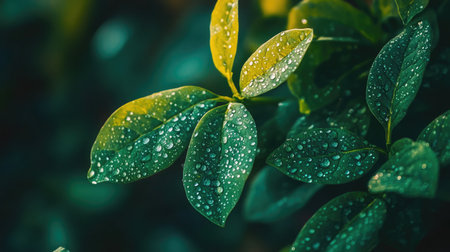 Bright green spinach leaves with water droplets glistening in morning lightの素材
