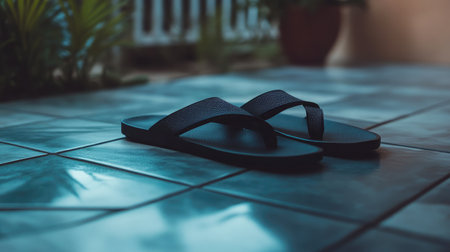 Black slip-on sandals resting on tiled floors with a soft focus on tropical leavesの素材