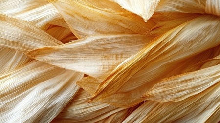 Close-up of mature corn ears with husks partially pulled back revealing kernelsの素材