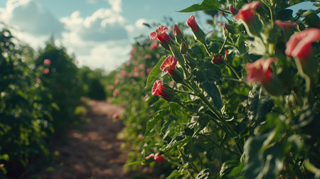 Blooming okra flowers on tall green plants under a partly cloudy skyの素材