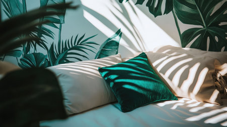 Bold tropical leaf wallpaper in emerald green with a white background and modern stylingの素材