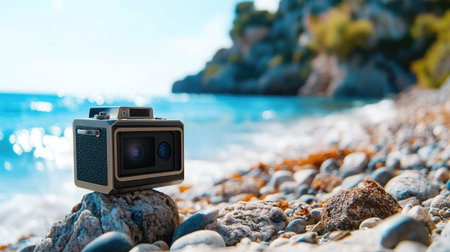Action camera mounted on small rocks at beach edge, ocean glimmering in the distanceの素材