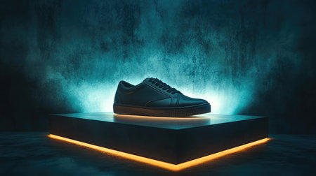 Contrast lighting highlighting smooth surface of flat leather shoes against matte wallの素材