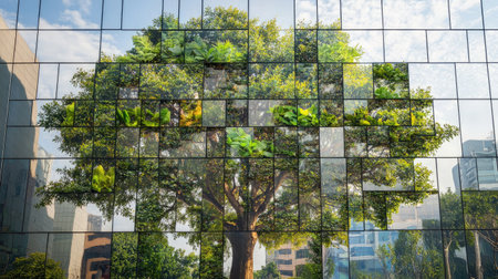 A tree photo printed on glossy paper cupped by realistic hand molds on stone tilesの素材