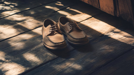 A pair of brown leather shoes with flat soles arranged neatly on a rustic wooden floor, highlighted by soft natural lightの素材