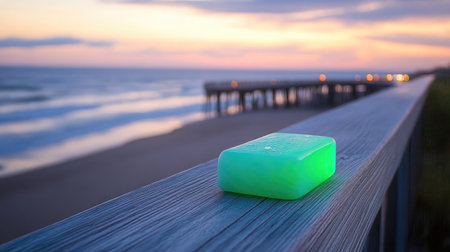 A photo print of a glowing sea pinned to a boardwalk rail with ocean behindの素材
