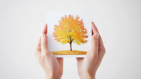 A pair of cupped hands holding a photo print of a vibrant autumn tree on crisp paperの素材