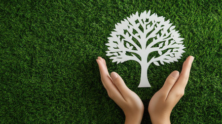 Cut paper tree collage displayed in artificial hands over a grassy backgroundの素材