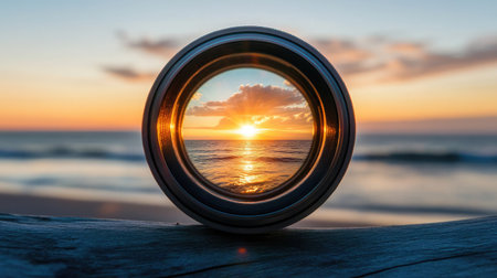 A single camera lens facing the sun as it reflects over the sea, warm backlight filling the skyの素材