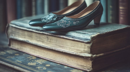 Dark leather flats resting on an aged book cover with vintage tonesの素材