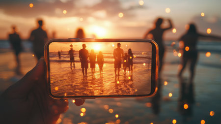 Beach scene framed through a camera screen, glowing light captured on digital displayの素材