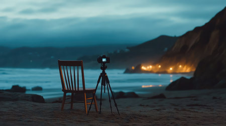 Empty chair with camera tripod in front, gazing toward luminous ocean sceneの素材
