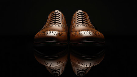 Flat leather shoes facing forward with clean symmetry and soft reflection belowの素材