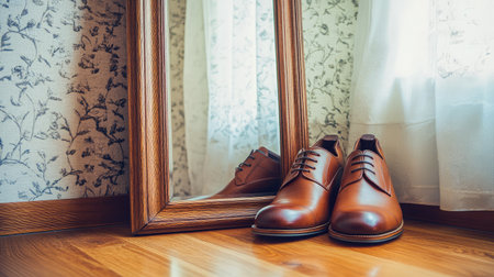 Leather shoes with smooth flat soles beside a mirror, reflecting their elegant shapeの素材