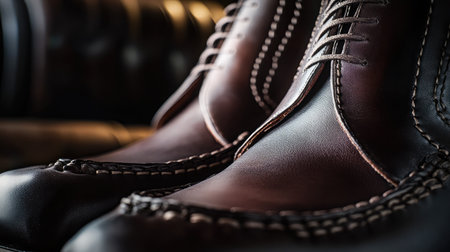 High-quality close-up of stitching detail on flat-soled leather shoes placed on a wooden benchの素材