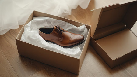 Flat leather shoes partially wrapped in tissue paper beside an open shoeboxの素材