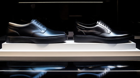 Modern flat-soled leather footwear displayed on a reflective white platformの素材