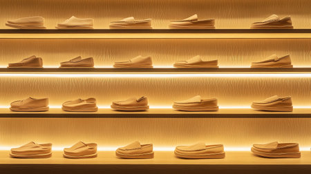 Neatly arranged flat-soled leather shoes in a retail display setup with ambient lightingの素材