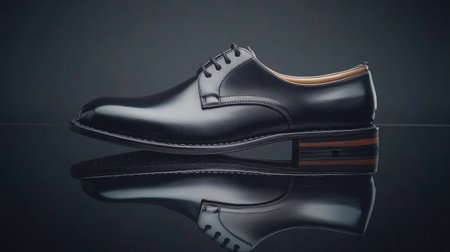 Elegant leather dress shoes with flat soles resting on a reflective glass surface with studio lightingの素材