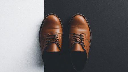 Minimal brown leather shoes centered on a monochrome background with soft gradientの素材
