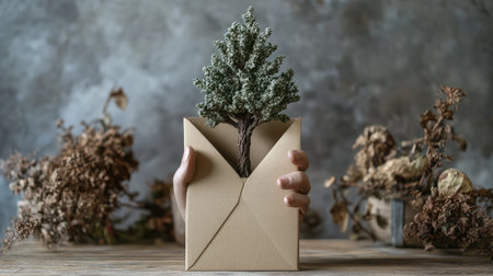 Folded tree card displayed in upright hand sculpture surrounded by nature texturesの素材